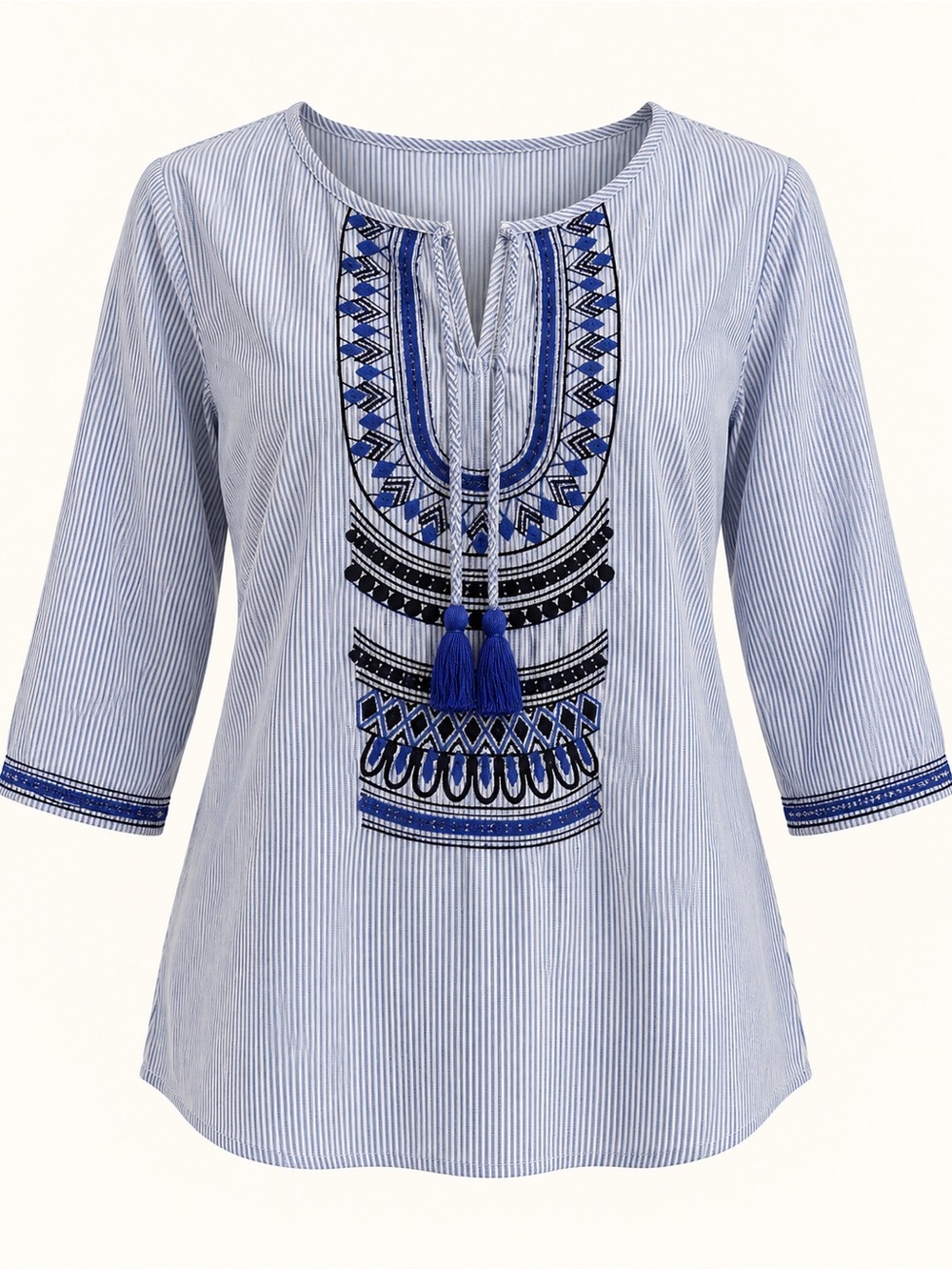 Velvet by Graham & Spencer Embroidered Boho Tunic Blouse Blue Stripe Medium